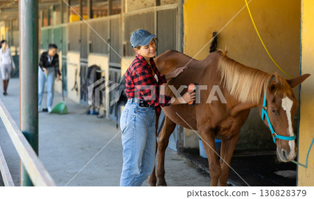 European girl has tied horse to hitching post and is combing animals croup European girl has tied horse to hitching post and is combing animals croup 130828379