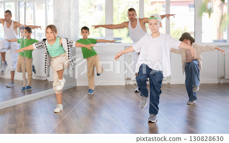 Children practicing hip-hop dance in training hall during group dancing classes 130828630