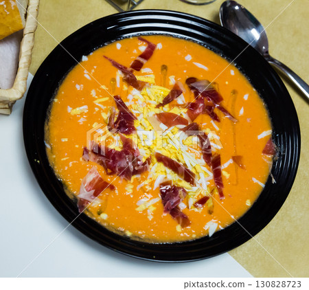 Salmorejo with jamon and boiled egg 130828723