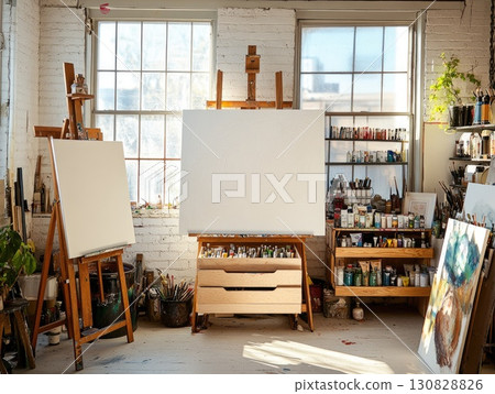 Bright Art Studio Interior with Wooden Easels and Blank Canvas Sunlight and Creative Atmosphere 130828826