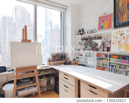 Bright Artist Studio Interior With White Desk Empty Canvas Art Supplies And City View 130828827