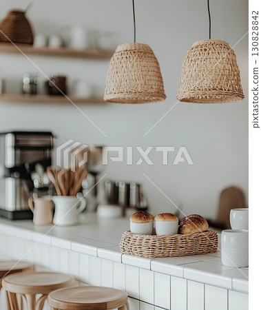 Cafe Interior With Pendant Lights Countertop Pastries and Wooden Stools 130828842