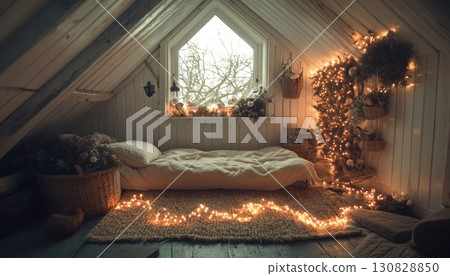 Cozy Attic Room with Bed and Window Decorated with Warm Festive Lighting in a Rustic Setting 130828850