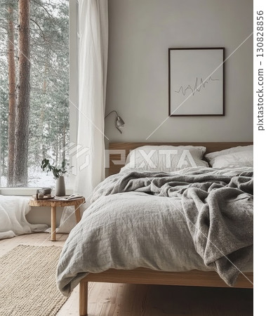 Cozy Bedroom Interior With Snowy Landscape Wooden Bed And Neutral Color Palette 130828856