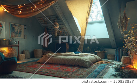Cozy Bedroom Interior with Warm Lighting, Tapestry, and Skylight creating a Relaxing Atmosphere Cozy Bedroom Interior with Warm Lighting, Tapestry, and Skylight creating a Relaxing Atmosphere 130828857