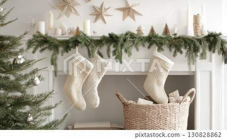 Cozy Christmas Fireplace With Stockings and Holiday Decorations in Warm Tones 130828862