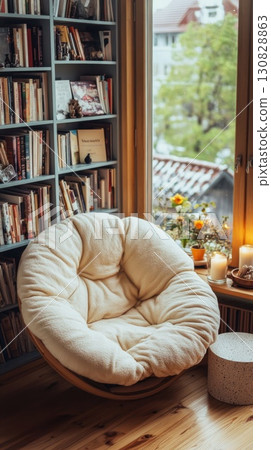 Cozy Indoor Scene With White Fluffy Armchair Near A Window Overlooking Greenery and Buildings 130828863