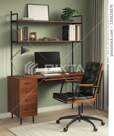 Modern Office Interior Design with Wooden Desk Black Leather Chair and Computer 130828876