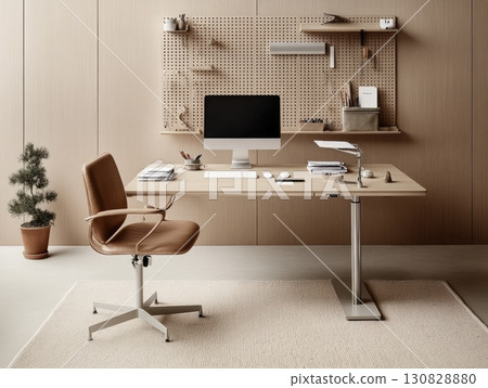 Modern Office Interior Wooden Desk Chair Computer Setup and Patterned Rug 130828880