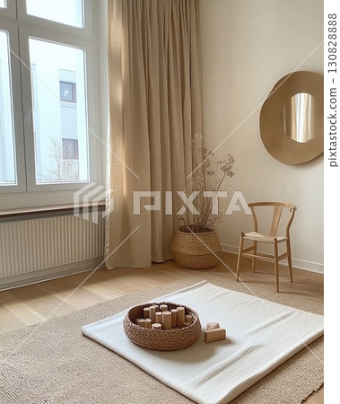 Neutral Tone Interior Room with Natural Light Wooden Elements Rug Chair and Decorative Accessories 130828888
