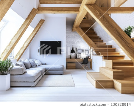 Modern Interior Design with Wooden Beams Gray Sofa Staircase and Bright Light 130828914