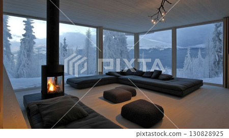 Modern Living Room Interior with Fireplace and Winter Landscape View Through Large Windows Modern Living Room Interior with Fireplace and Winter Landscape View Through Large Windows 130828925