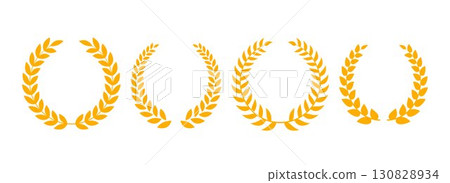 Gold laurel wreath collection. Golden circle winner trophy decor elements for award banner, emblem, logo, badge. Retro Greek triumph ornament pack. Vector vintage round branches with olive leaves set 130828934