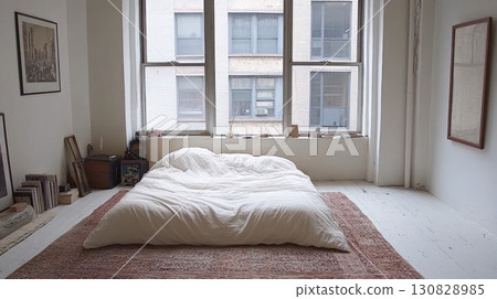 Bedroom Interior Featuring A Bed Near A Large Window with Natural Light Shining into The White Room 130828985