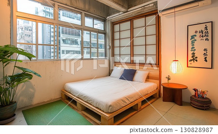Bright Bedroom Interior with Natural Light Wooden Bed Frame and Plants in Urban Background 130828987