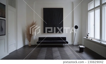 Minimalist Living Room Interior With Black Sofa Artwork Dried Plants And Window 130829042