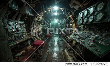 Derelict submarine interior with broken gauges, water drip, rust, and eerie lighting Derelict submarine interior with broken gauges, water drip, rust, and eerie lighting 130829073