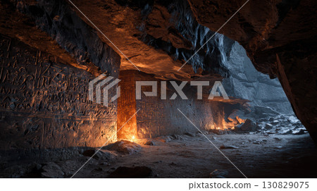 Ancient cave hieroglyph torch stone mysterious glowing underground exploration Ancient cave hieroglyph torch stone mysterious glowing underground exploration 130829075