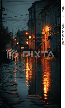 Flooded street, cityscape, night, water reflection, orange light, moody, urban Flooded street, cityscape, night, water reflection, orange light, moody, urban 130829076