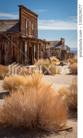 Old wooden buildings desert ghost town tumbleweed dry landscape under blue sky 130829077