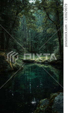 Hidden lake deep forest still water reflection tranquil lush green nature peaceful serene 130829079