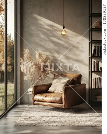 Elegant Brown Leather Armchair in Sunlit Living Room with Plants and Bookshelf 130829157