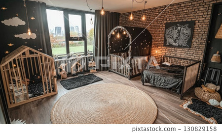 Elegant Child's Bedroom Interior With Bed Playhouse Rug and Decorative Lighting 130829158