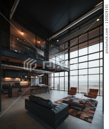 Luxurious Modern Loft Interior Featuring High Ceilings Expansive Windows with City View Leather Furniture and Metal Accents Luxurious Modern Loft Interior Featuring High Ceilings Expansive Windows with City View Leather Furniture and Metal Accents 130829191