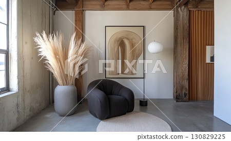 Modern Interior Scene With Armchair Artwork And Dried Flower Arrangement On Concrete Floor 130829225