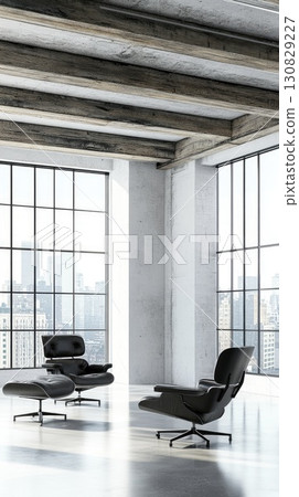 Modern Interior with Black Chairs and Large Windows with Cityscape View 130829227