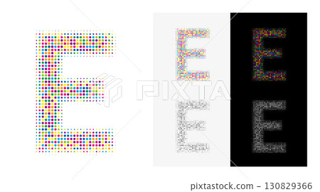 彩色虛線字母 E,白色背景上引人注目的圖像 彩色虛線字母 E,白色背景上引人注目的圖像 130829366