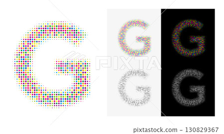 彩色虛線字母 G,白色背景上引人注目的圖像 彩色虛線字母 G,白色背景上引人注目的圖像 130829367