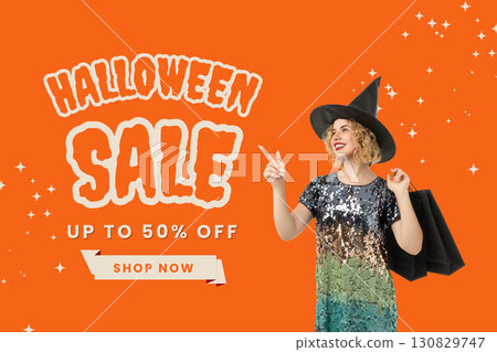 Cheerful woman in a witch hat shops for Halloween Cheerful woman in a witch hat shops for Halloween 130829747