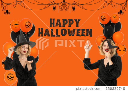 Two women dressed in costumes celebrate Halloween with balloons Two women dressed in costumes celebrate Halloween with balloons 130829748