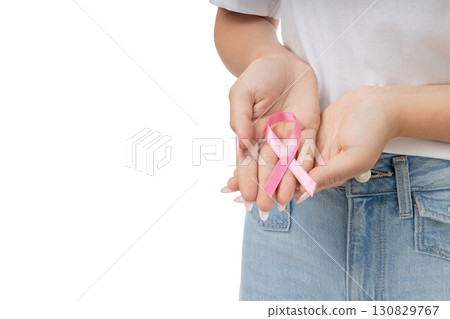 Hands show a pink ribbon of care, isolated on white, PNG Hands show a pink ribbon of care, isolated on white, PNG 130829767