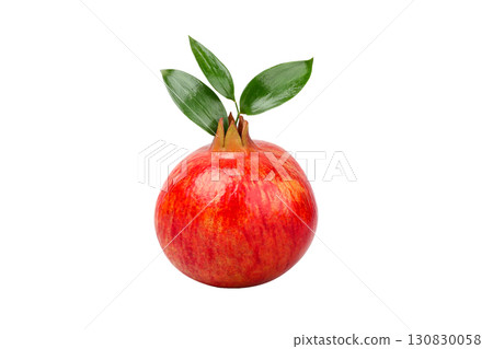 Glossy red pomegranate with green leaves, isolated, PNG 130830058