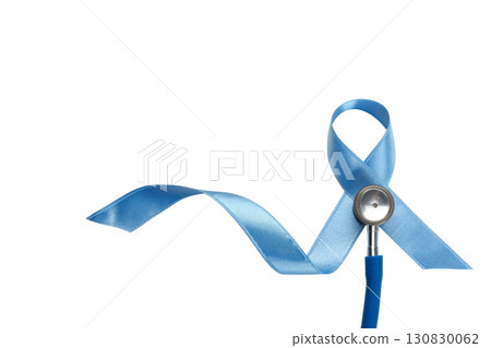 Blue ribbon and stethoscope for awareness, isolated on white, PNG 130830062