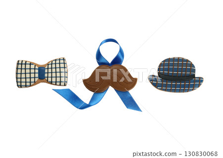 Bow tie, mustache, and hat raise awareness, isolated on white, PNG 130830068