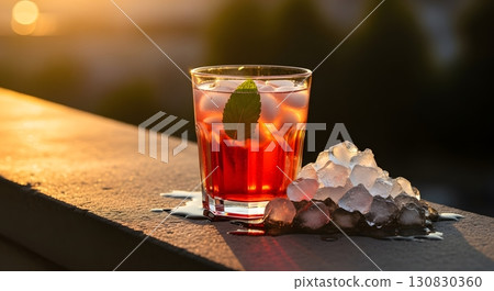 Close Up Of A Red Cocktail In Glass With Ice And Mint On Ledge With Blurred Background Close Up Of A Red Cocktail In Glass With Ice And Mint On Ledge With Blurred Background 130830360