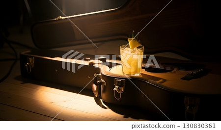 Cocktail with Pineapple Garnish and Ice Inside of a Guitar Case with Warm Lighting 130830361