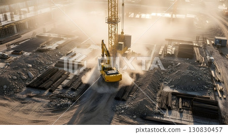 Aerial View Of Construction Site Featuring Heavy Machinery Excavator And Pile Driver Amidst Debris 130830457