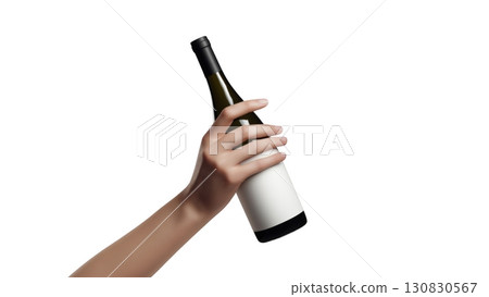 Hand grips a bottle of wine ready for pouring, created with AI, PNG 130830567