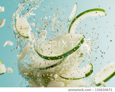 Zucchini Slices And Water Splash On Light Blue Background Detail Shot Of Fresh Vegetable Zucchini Slices And Water Splash On Light Blue Background Detail Shot Of Fresh Vegetable 130830672