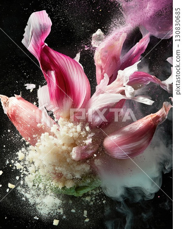 Abstract Pink Petals with Powder and Smoke Floating Against Black Background 130830685