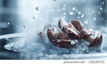 Close Up Shot of Mushrooms with Water Splash in a Clean Environment 130830753