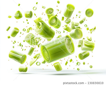 Freshly Sliced Green Onions Suspended In Air Against White Background 130830810