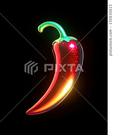 Glossy Red Chili Pepper Isolated Against Black Background with Green Stem and Gradient Lighting Glossy Red Chili Pepper Isolated Against Black Background with Green Stem and Gradient Lighting 130830813