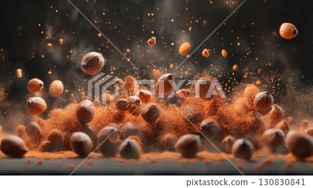 Orange Spheres And Powder Explosion Against A Dark Background Creating A Dynamic Composition 130830841