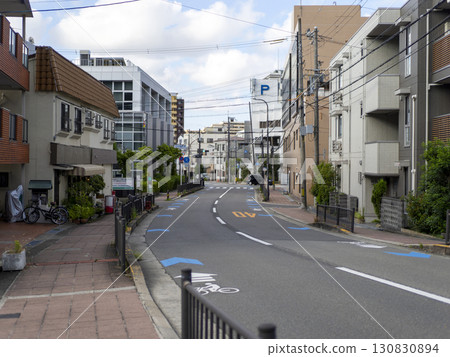Road and cityscape with painted bicycle guide signs 130830894