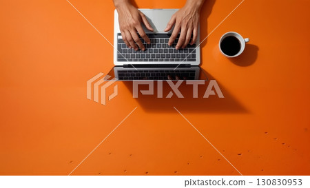 A person typing on a laptop with hands and a cup of coffee. Remote work, digital nomad, productivity, freelance A person typing on a laptop with hands and a cup of coffee. Remote work, digital nomad, productivity, freelance 130830953